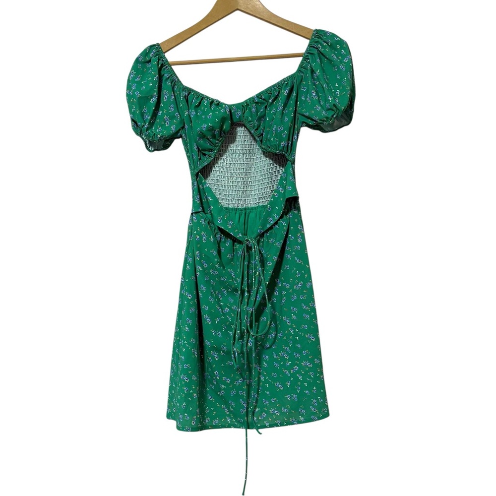 Princess Polly Size 4 Green Floral Cutout Front Tie Puff‎ Sleeve Mini Dress
